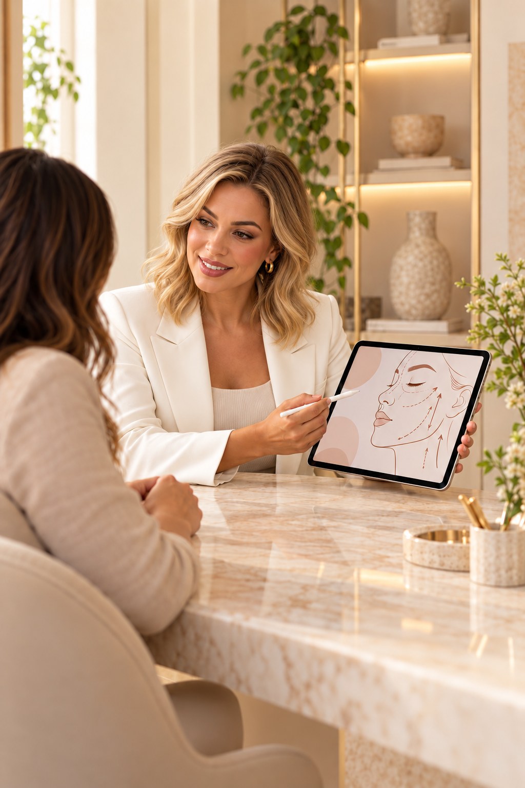 Profissional de estética mostrando uma imagem no tablet durante uma consulta